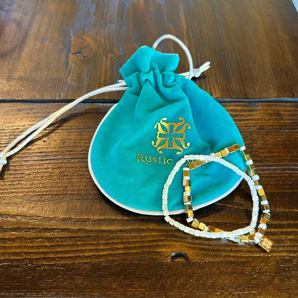 Rustic Cuff White and Gold Beaded Bracelets with Teal Pouch
